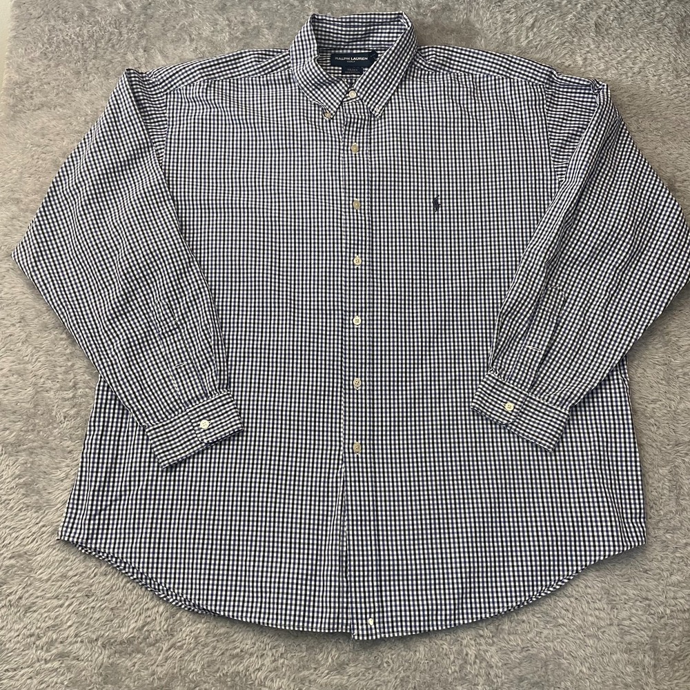 Ralph Lauren Golf Shirt Mens XXL Tilden Navy Blue Gingham Check Button Down